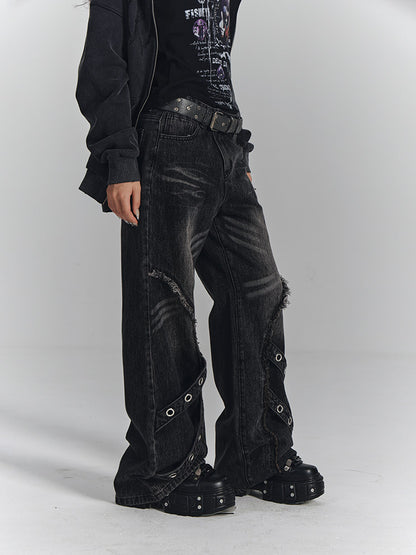 Washed Frayed Wide-Leg Straight Denim Jeans NA8903