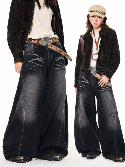 Washed Scratch Detail Wide Leg Denim Jeans NA9432