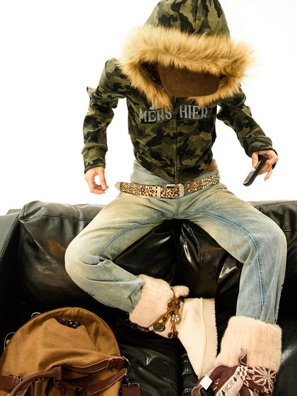 Camouflage Fake Fur Trim Star Patch Zipper Hooded Jacket NA9434