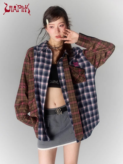 Oversize Patchwork Plaid Long Sleeve Shirt NA4960