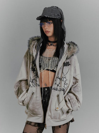 Graphic Fake Fur Hood Bunny Ear Zipper Hoodie Jacket NA8923