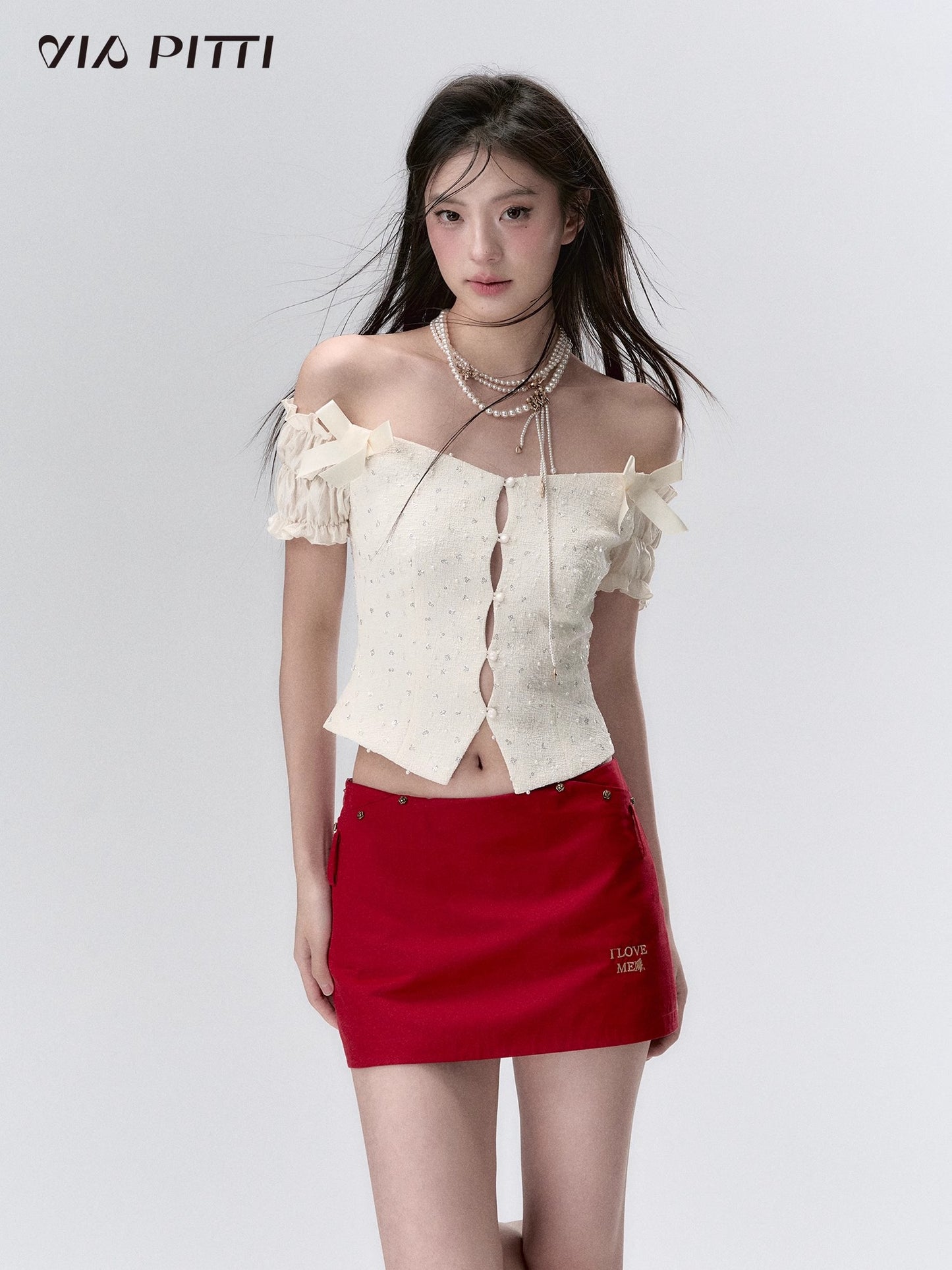 3D Pearl Mesh Bow Short Sleeve Blouse NA4797