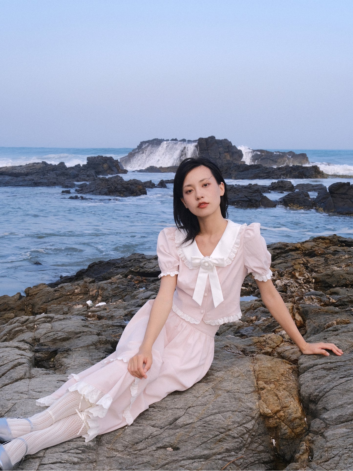 Lace Details Bow Blouse & Lace Trim Skirt Setup NA8851