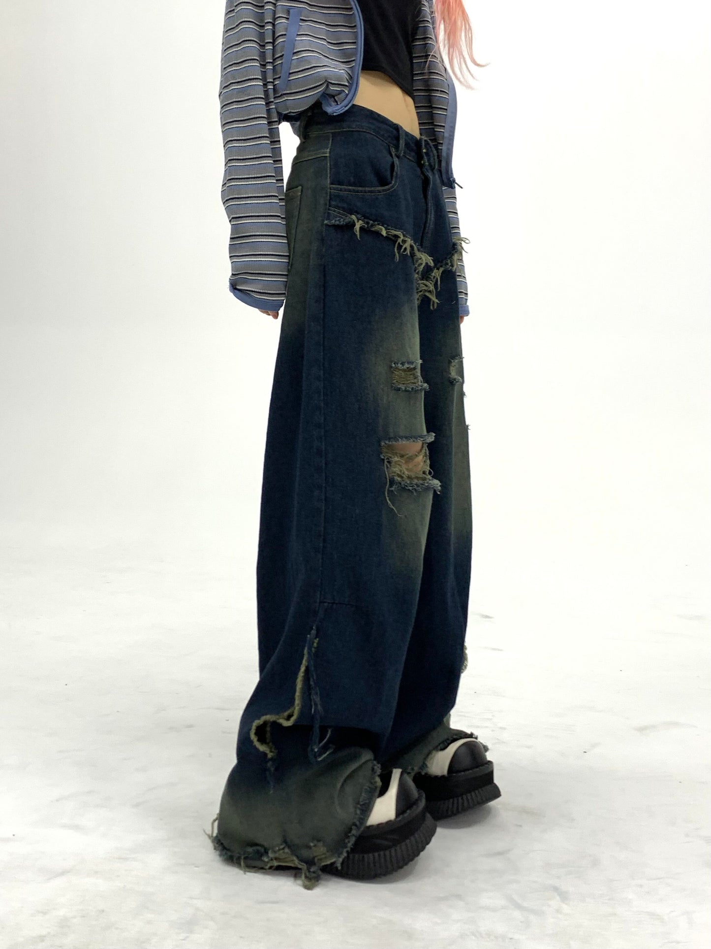 Washed Damage Fray Panel Wide Leg Denim Jeans NA9296