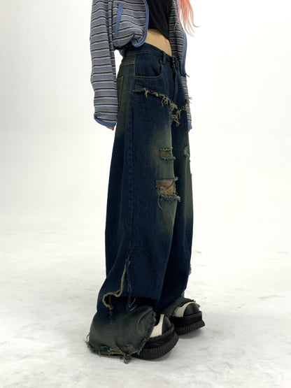 Washed Damage Fray Panel Wide Leg Denim Jeans NA9296