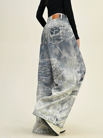 Oversize Keychain Print Wide-Leg Denim Jeans NA6292