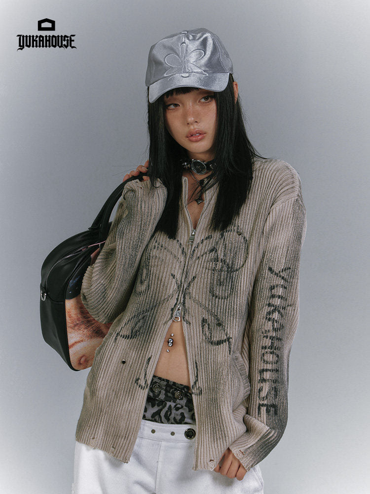 Washed Damage Graffiti Design Oversize Knit Cardigan NA8930