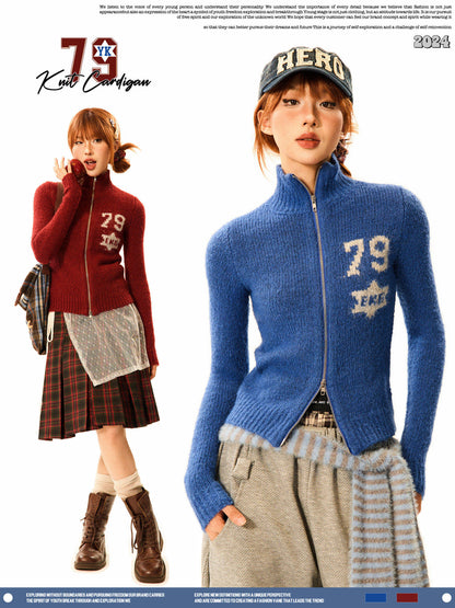 Number Patch Knit Zipper Stand Neck Cardigan NA9359