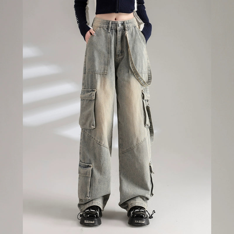 Workwear Wide-Leg Straight Cargo Denim Jeans NA3197