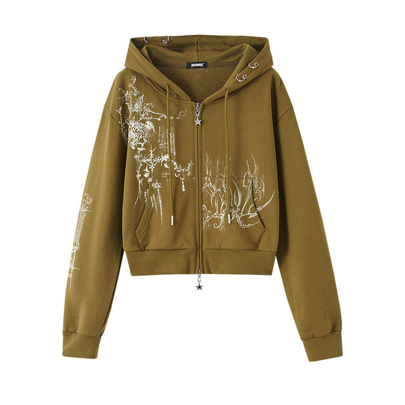 Cropped Graphic Print Zipper Hoodie NA8895