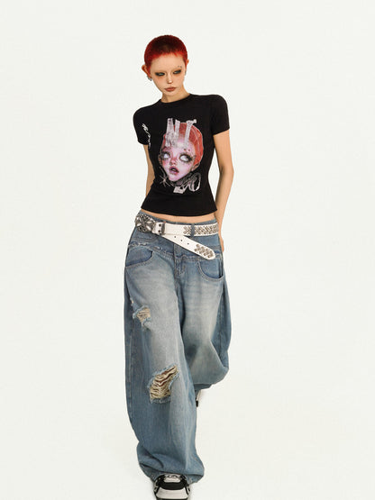 Portrait Print Fitted Short Sleeve T-Shirt NA8603