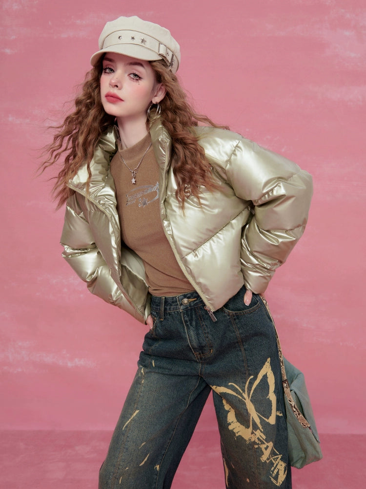 Glossy Short Stand Neck Thick White Duck Down Jacket NA6801