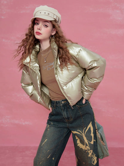 Glossy Short Stand Neck Thick White Duck Down Jacket NA6801