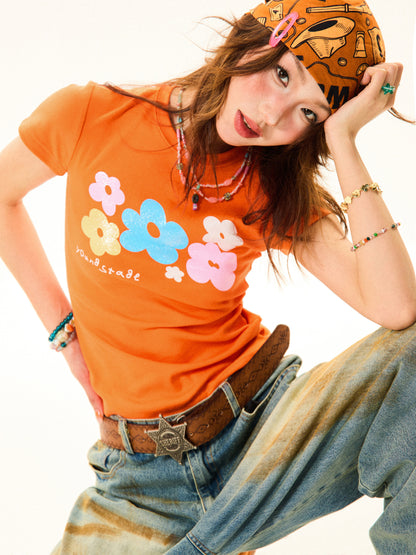 Flower Print Cropped Short Sleeve T-Shirt NA9318