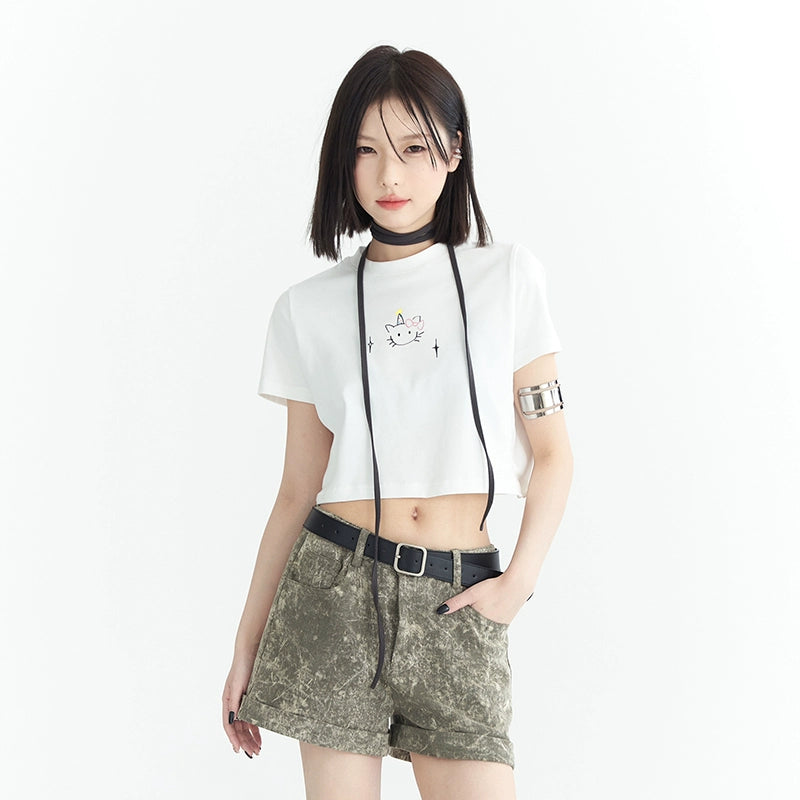 Cat Print Crop Top Short Sleeve T-Shirt NA2736