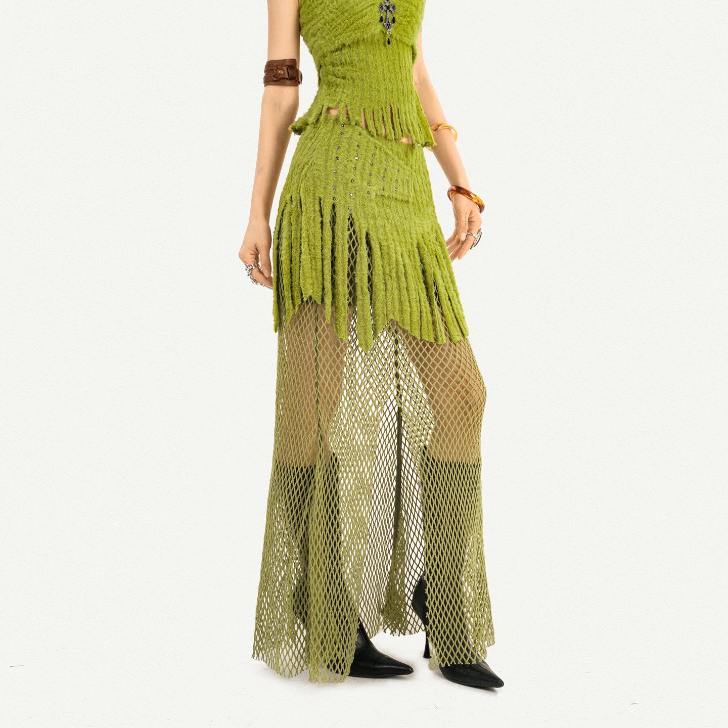 Fake Fur Patchwork Mesh Knit Cardigan & Tube Top & Mesh Long Skirt Setup NA8610