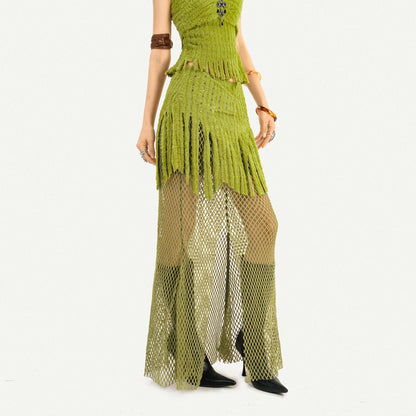 Fake Fur Patchwork Mesh Knit Cardigan & Tube Top & Mesh Long Skirt Setup NA8610