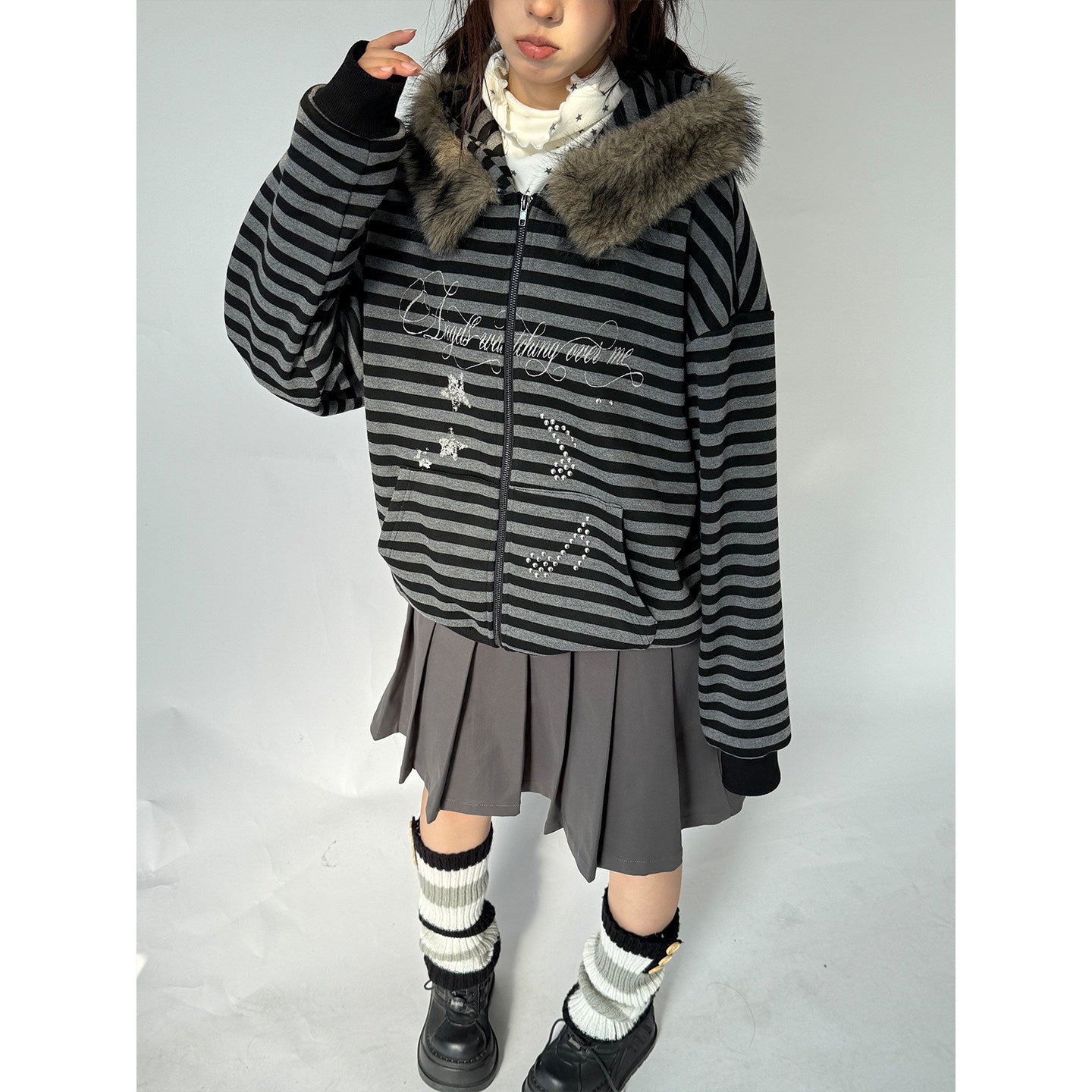 Detachable Fur Collar Fleece Lining Hooded Jacket NA9248