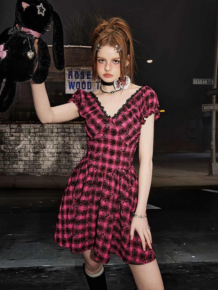 V-neck And Lace French Plaid Dress NA3374