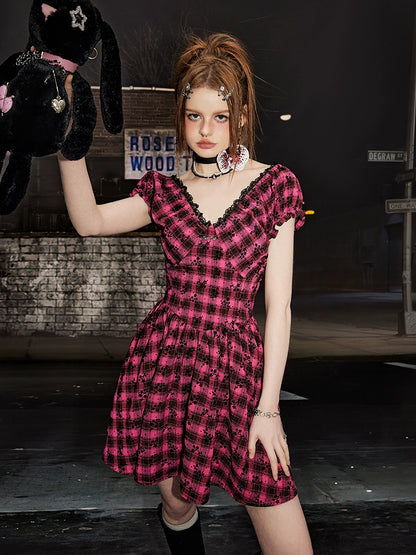 V-neck And Lace French Plaid Dress NA3374