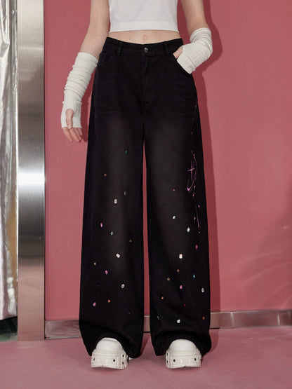 Charm Design Embroidery Wide-Leg Straight Denim Jeans NA3292