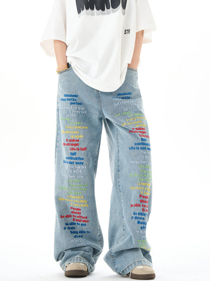 Embroidery Wide-Leg Straight Denim Jeans NA3042