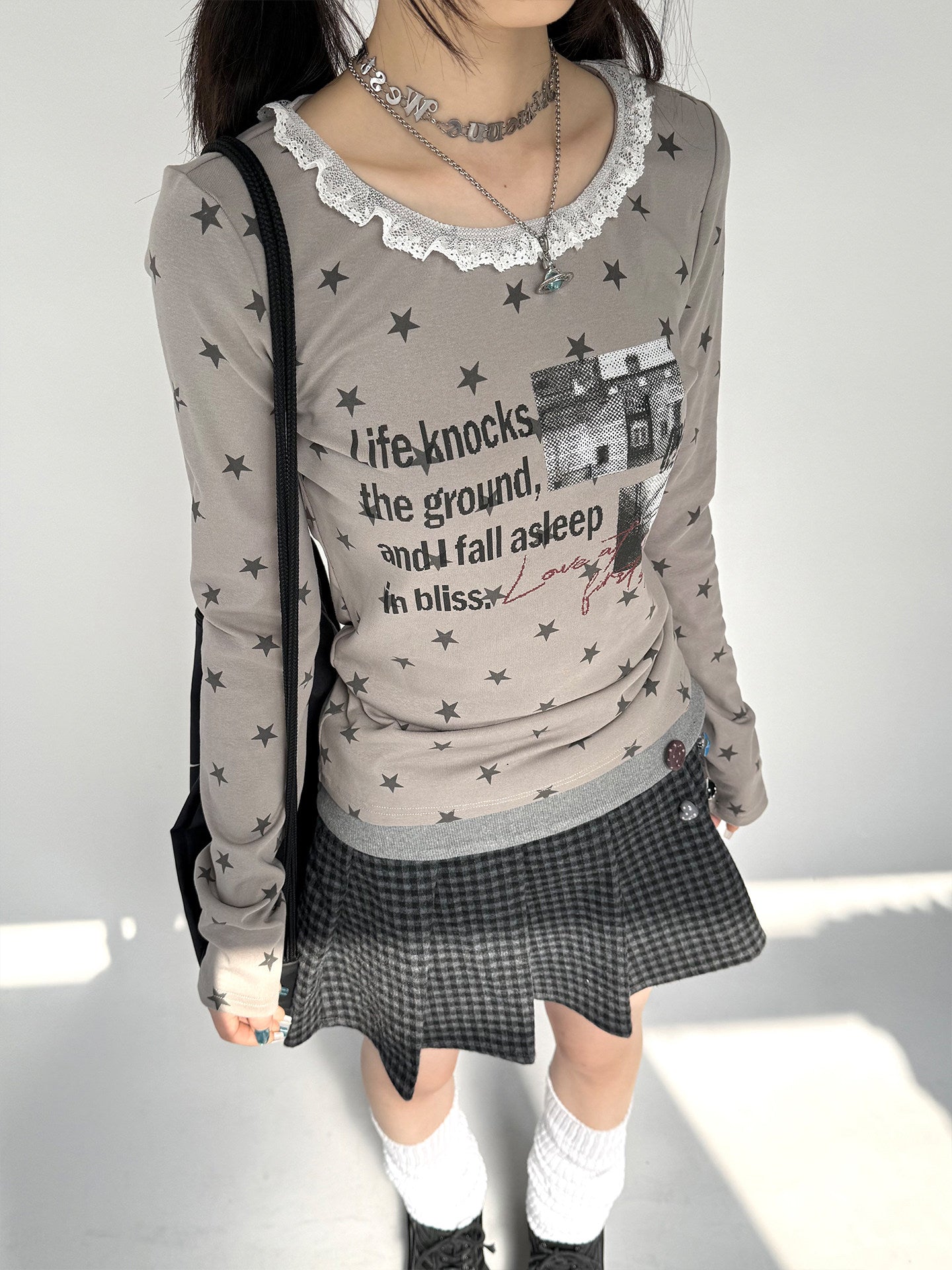Star Print Lace Trim Fitted Long Sleeve T-Shirt NA9297