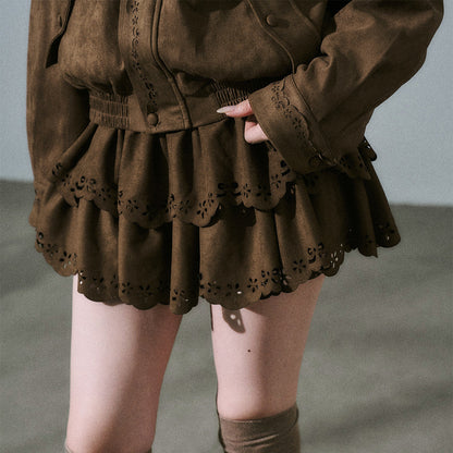 Suede Zipper Jacket & Scalloped Skirt Setup NA8854