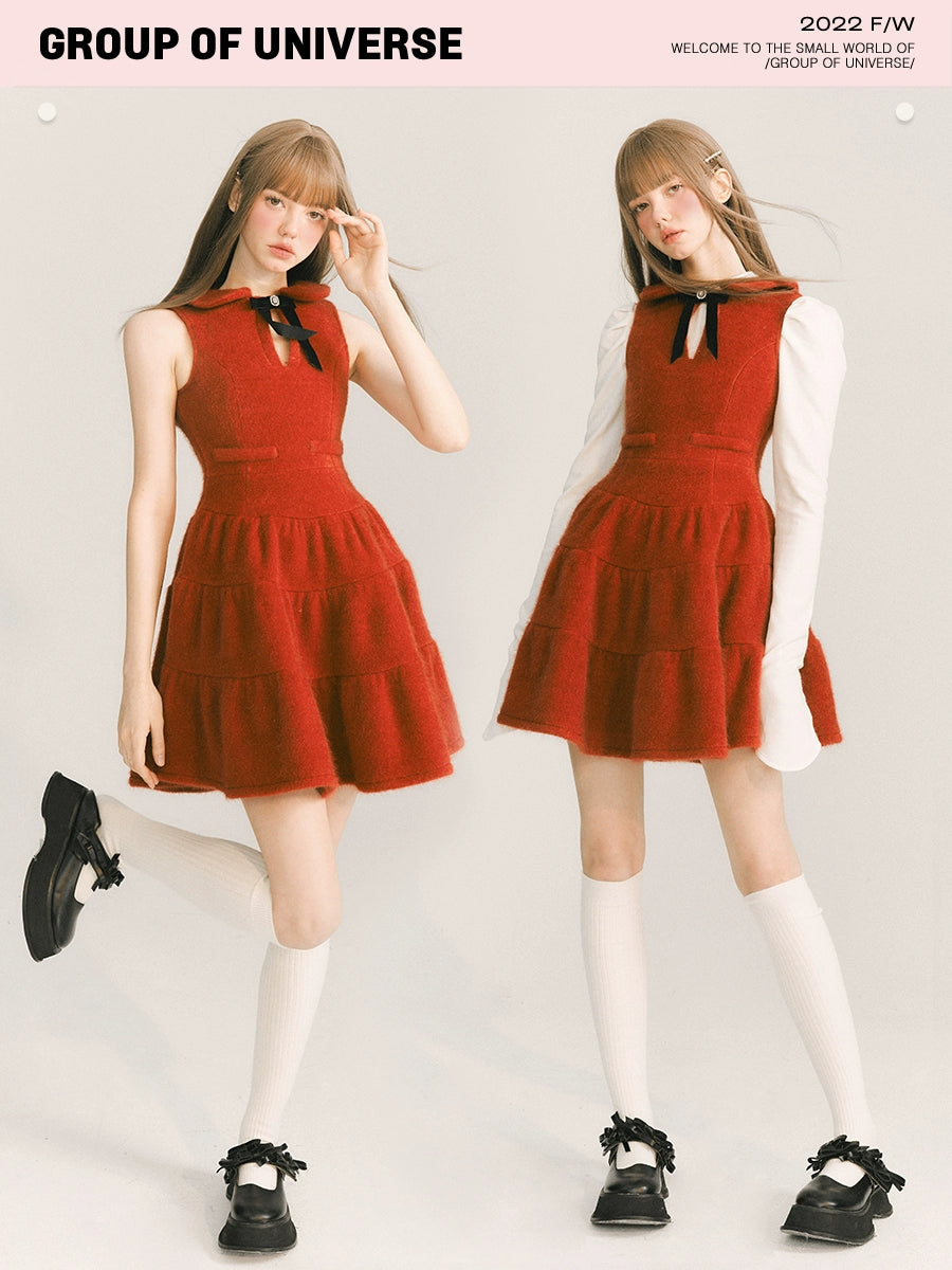 Bow Velvet Ruffle Short Length Dress NA5861