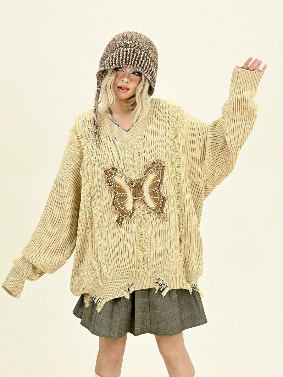 Damage Butterfly V-Neck Knit Sweater NA6440