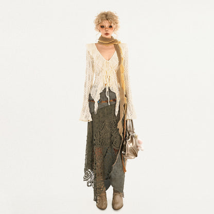 Original Design Heavy Craft Wasteland Knit Patchwork Lace Skirt NA8624