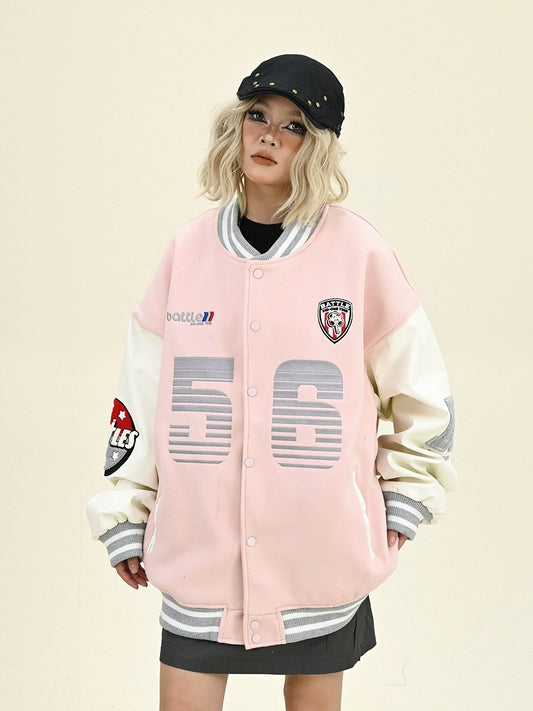 Contrast Color Number Print Oversize Baseball Jacket NA6310