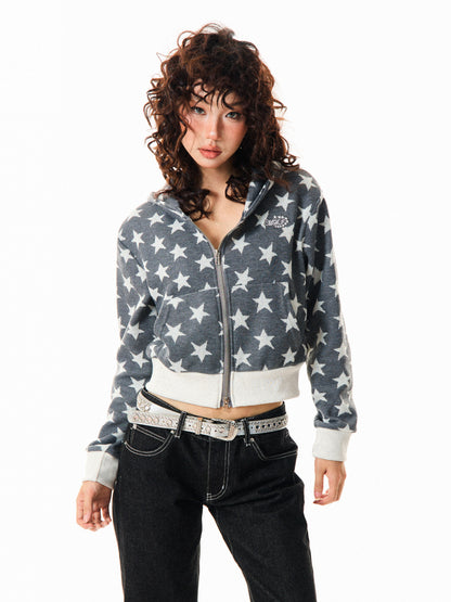 Star Print Cropped Zip-Up Hoodie NA9405