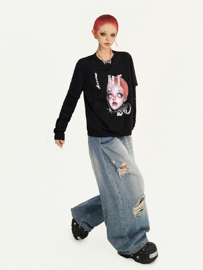 Cartoon Portrait Print Fake Layered Design Long Sleeve T-Shirt NA8604