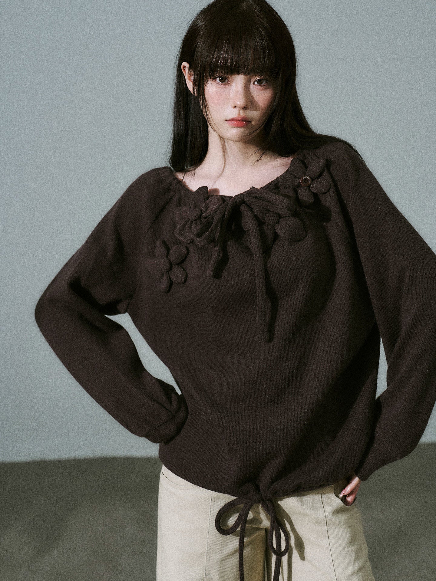 Handmade Flower Drawstring Wool Fake Layered Knit Sweater NA8802