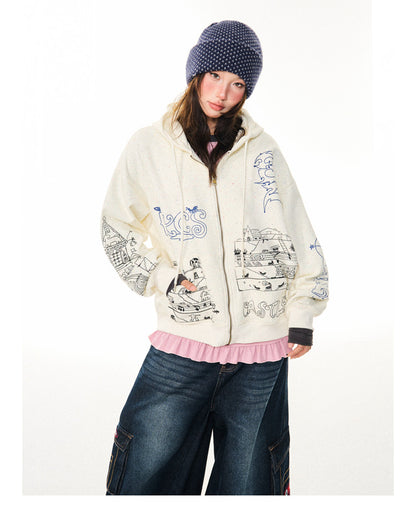 Graphic Print Oversize Zipper Hoodie NA9360