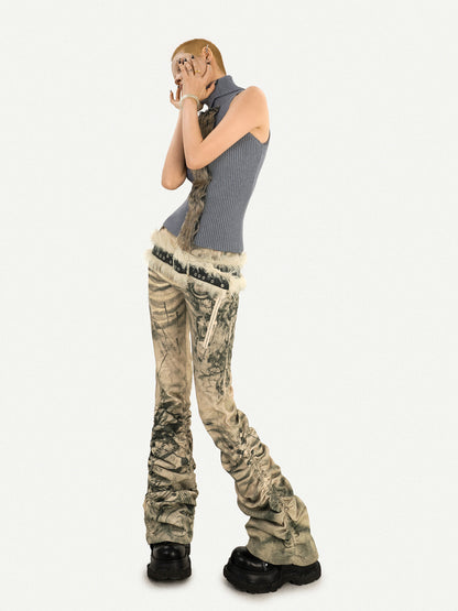 Ink Print Low Rise Stacked Flare Denim Jeans NA8585