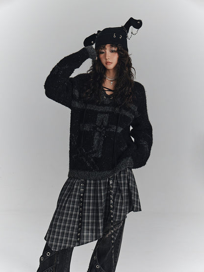 Cross Detail Drawstring Oversize V-Neck Knit Sweater NA8890