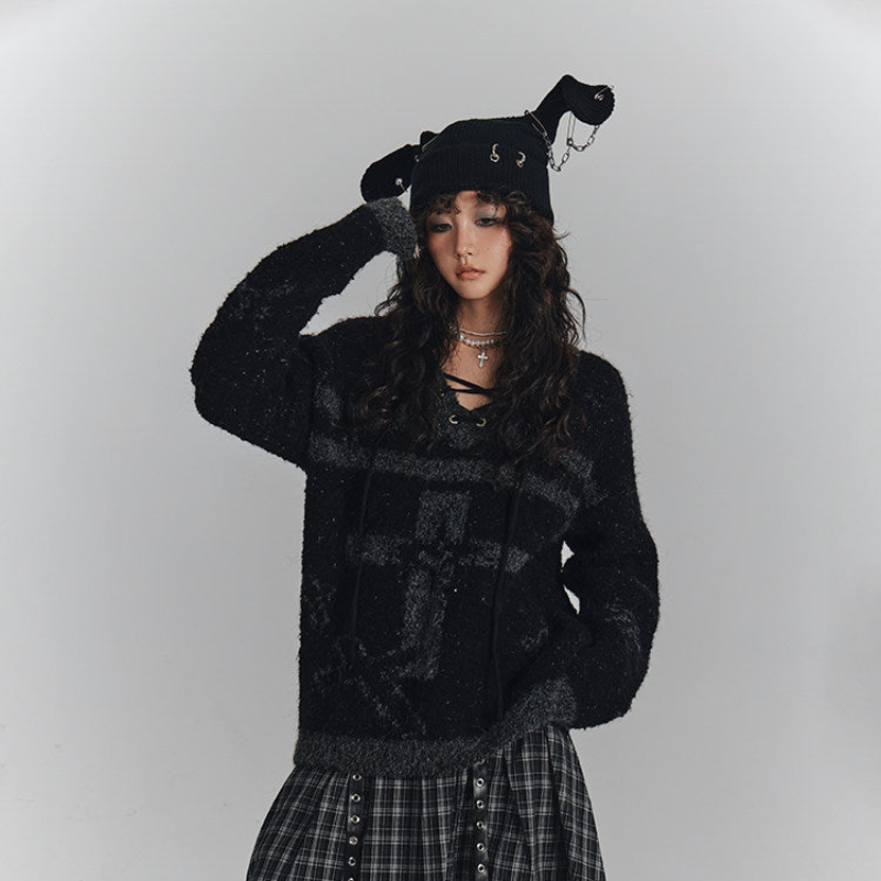 Cross Detail Drawstring Oversize V-Neck Knit Sweater NA8890