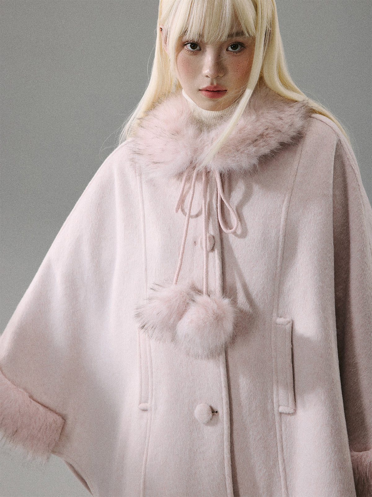 Sweet Girl Pink Long Hair Tweed Cape Coat NA8806