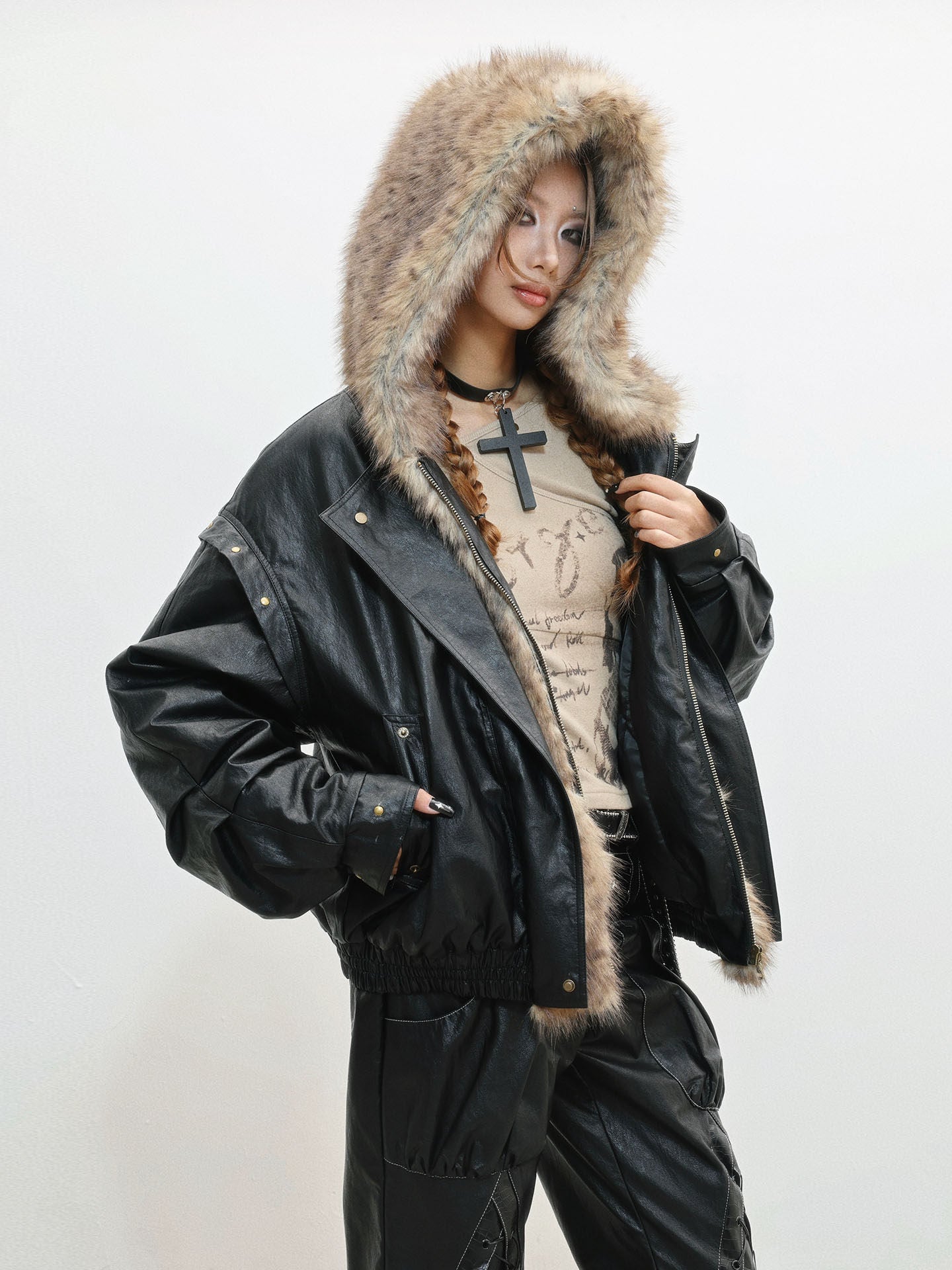 Fur Patchwork Thick PU Leather Jacket NA8562