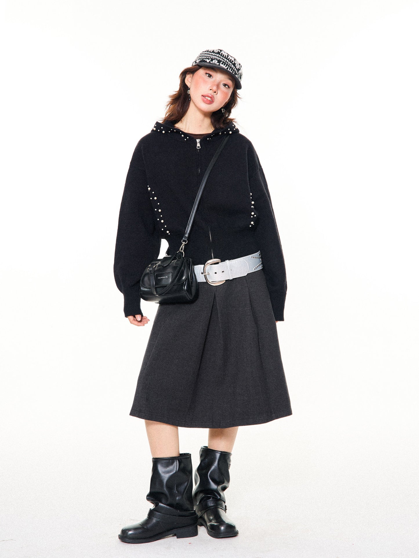 Pearl Embroidery Cropped Zipper Hoodie NA9341