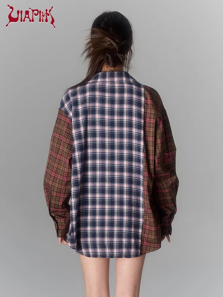 Oversize Patchwork Plaid Long Sleeve Shirt NA4960