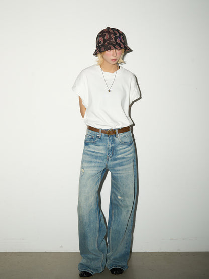 Wash Damage Straight Denim Jeans NA9198