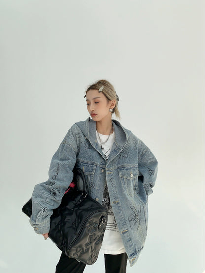 Graffiti Print Oversize Hooded Denim Jacket NA2826