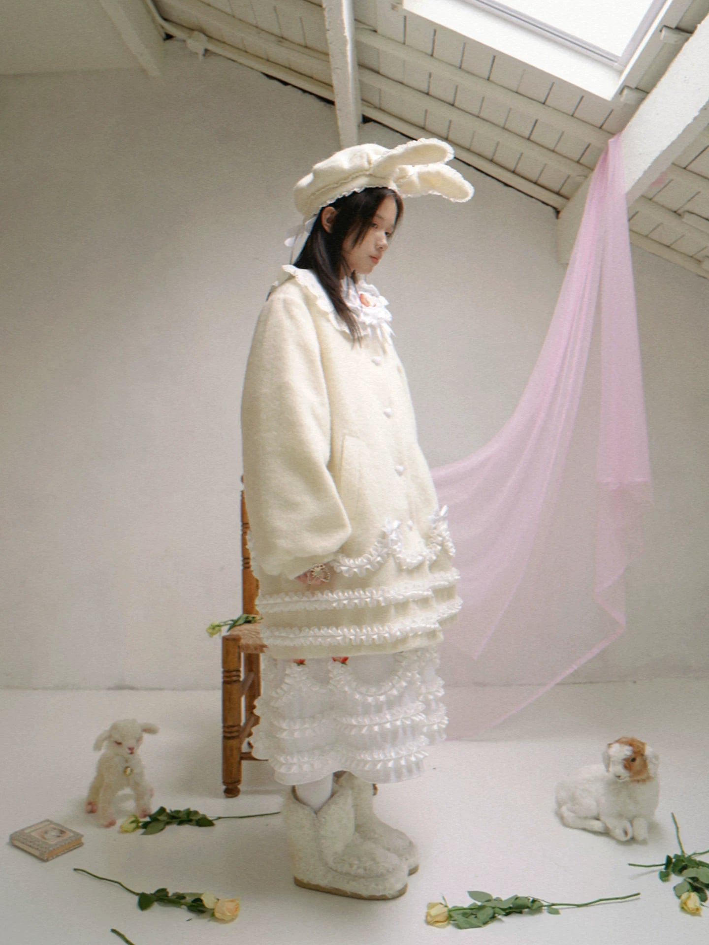 Lace Bow Puff Sleeve Wool Coat NA8270