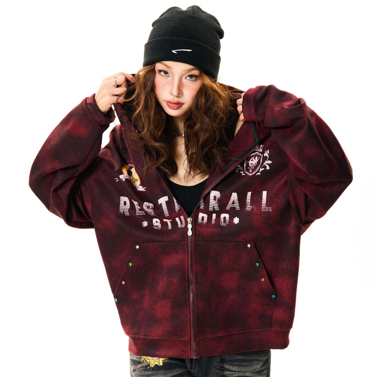 Tie-Dye Letter Print Oversize Zipper Hoodie NA9388