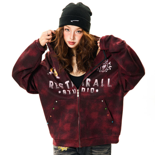 Tie-Dye Letter Print Oversize Zipper Hoodie NA9388