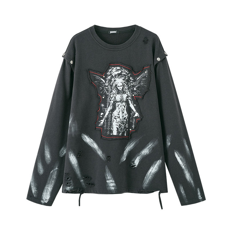 Washed Damage Patch Embroidery Print Long Sleeve T-Shirt NA8889