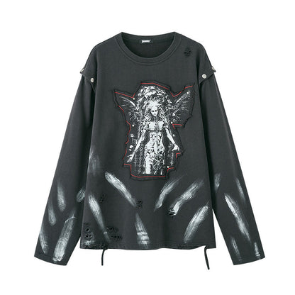 Washed Damage Patch Embroidery Print Long Sleeve T-Shirt NA8889